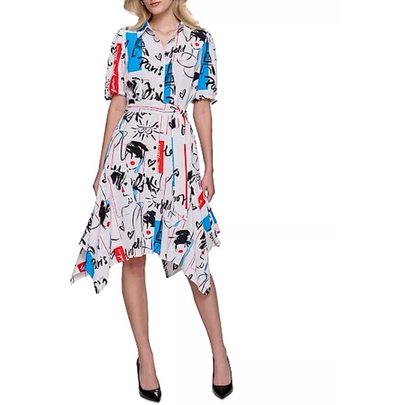 KARL LAGERFELD PARIS White Logo Sketch Print Short Sleeve Shirtdress Size 4 - Picture 5 of 10